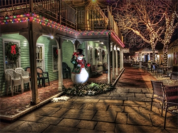  Retro Wood House Bright Lights Snowman Christmas Backdrop