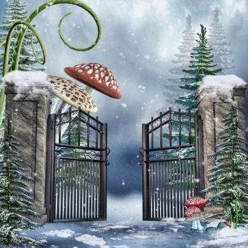 Winter Snow Gate Mushrooms Enchanted Forest Wonderland Backdrop Christmas Party Photo Drop Background