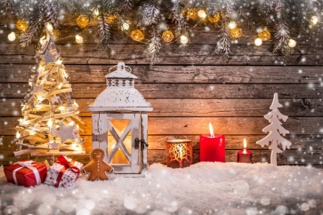 Christmas Tree Candles White Snow Wood Background Photo Backdrop