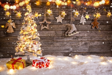 White Snow Christmas Tree Lights Wood Background Photography Backdrops