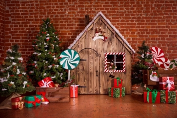 Indoor Red Brick Wall Christmas Tree Gifts Photo Prop Background