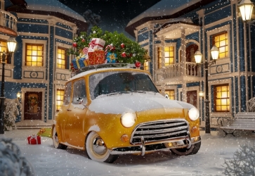 Outdoor Snowy Yellow Car Filled With Christmas Presents Christmas Backdrops