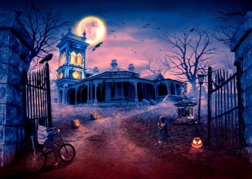 Under The Red Moon Scary Cemetery Ruined Building Halloween Backdrop Decoration Prop Stage Studio Photography Background