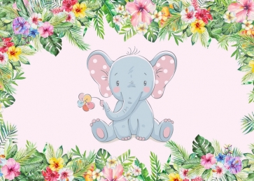 Flower Frame Around Cute Little Elephant Safari Baby Shower Backdrop Birthday Party Background
