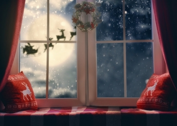 Window Reindeer Flying Over The Night Sky Christmas Backdrop Photography Background