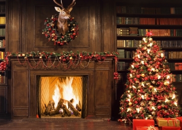 Retro Wood Fireplace Christmas Tree Backdrop Party Stage Photography Background