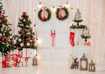 Interior Room White Wood Door Christmas Tree Backdrop Party Stage Photography Background