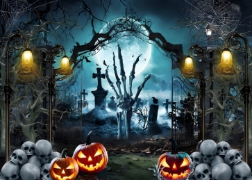 Scary Skeleton Broken Spooky Hand Skull Cemetary Gate Halloween Backdrop Party Decorations Background