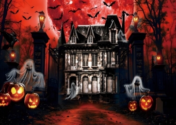 Scary Hunted Castle Red Full Moon Spooky Ghost Halloween Backdrop