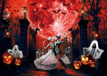  Scary Red Full Moon Spooky Skull Skeleton Halloween Backdrop