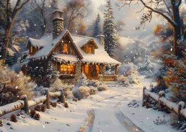 Country Road Covered With Snow In Forest Fairy Tale World Christmas Cabin Backdrop