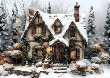 Covered With Snow In Forest Christmas Cabin Backdrop New Year Decoration Background