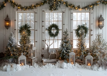 White Wooden Wall Window Christmas Tree Backdrop New Year Decoration Background