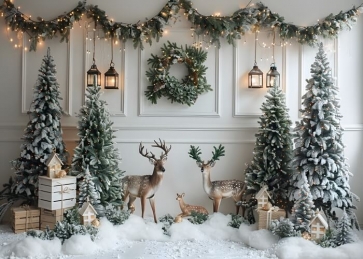 Indoor White Wooden Wall Christmas Tree Backdrop New Year Decoration Background