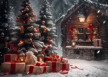 Christmas Gift  House Christmas Tree Backdrop New Year Decoration Background