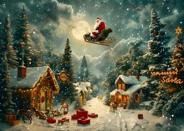 Santa Claus Soaring Over Snowy Backdrop Christmas Party Decoration Background