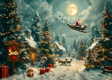 Santa Claus Soaring Over Snowy Christmas Backdrop  Party Decoration Background