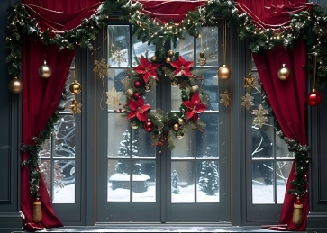 Winter Snow Red Curtain Window Christmas Party Backdrop New Year Decoration Background