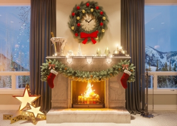Luxury Fireplace Glass Window Background Merry Christmas Party Backdrop
