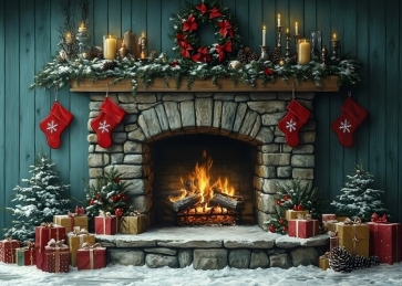 Retro Fireplace Christmas Tree Backdrop New Year Decoration Background