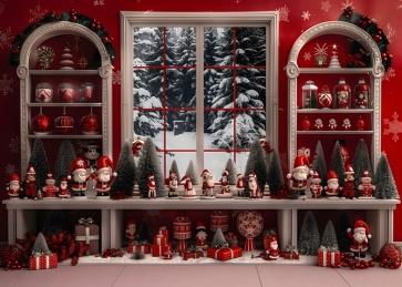 Red Retro Wooden Bookshelf Gift Christmas Cabinet Backdrop Party Decoration Background