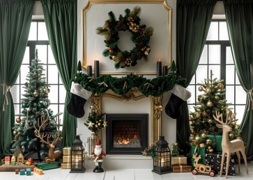 Retro Christmas Fireplace Tree Backdrop New Year Decoration Background