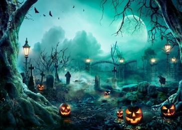 Under The Moon Sky Scary Cemetery Pumpkin Halloween Party Backdrop