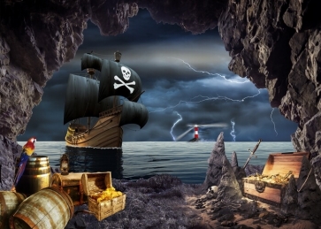 Under Lightning Pirate Ship Backdrop Halloween Stage Party Background