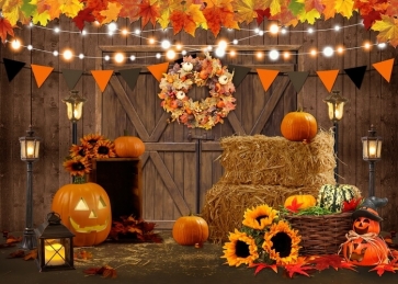 Wooden Wall Haystack Pumpkin Halloween Party Backdrop 