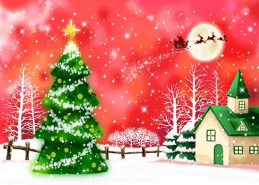 Sleigh Flying in Red Sky Christmas Tree Background Christmas Backdrops For Stage