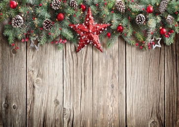 Christmas Tree Branch Red Pentagram wood Board Background Rustic Christmas Backdrop