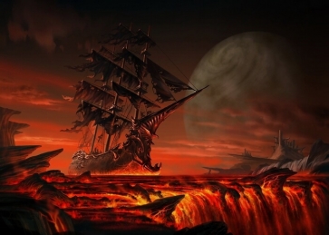 On Red Magma Scary Pirate Ship Backdrop Halloween Stage Party Background