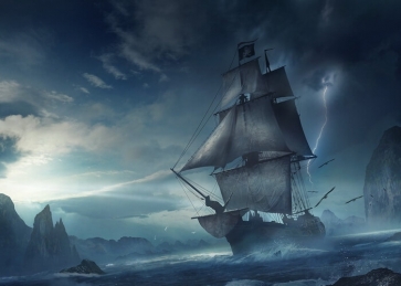Under Lightning Scary Pirate Ship Backdrop Halloween Stage Party Background