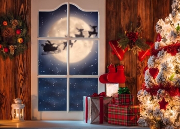 Santa Claus Flying Sleigh Outside Window Christmas Backdrop Studio Photography Background