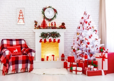 White Bricks Wall Fireplace Christmas Tree Background Christmas Party Backdrop