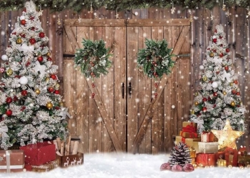 Barn Wood Door Wreath Christmas Tree Backdrop Photography Background