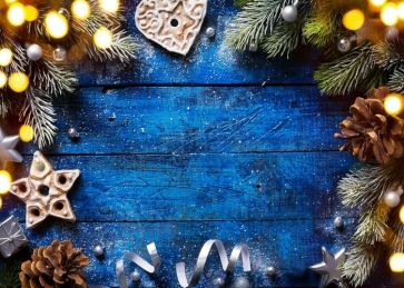 Pinecone Christmas Tree Branch Blue Wood Board Rustic Christmas Backdrop