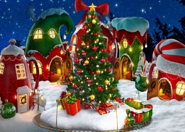 Winter Snow Cartoon Christmas Village Backdrop Kid Party Photography Background