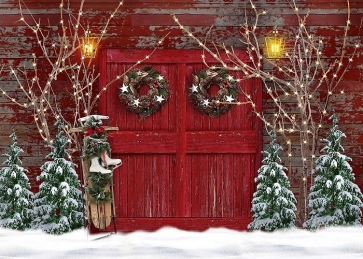 Winter Red Wooden Door Christmas Tree Backdrop Studio Party Photography Background
