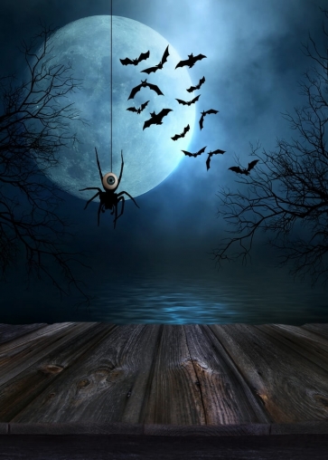 Moon Bat Spider Wooden Floor Halloween Backdrop Party Stage Background