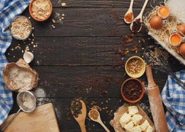 Creative Eggs Flour And Tools Baking Ingredients Pastry Kitchen Wood Backdrop Studio Photography Background 