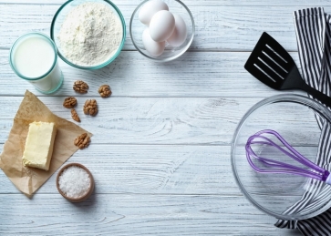 Creative Baking Ingredients Pastry Kitchen White Wood Backdrop Studio Photography Background