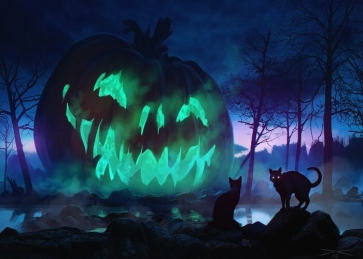 Scary Forest Pumpkin Black Cat Halloween Party Backdrop Stage Photography Background