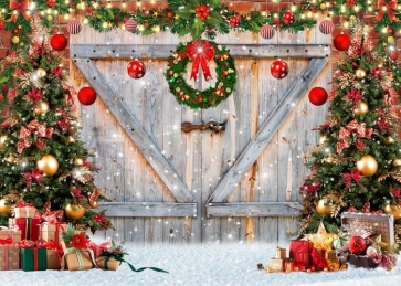 Western Pine Tree Wooden Barn Door Christmas Backdrop Family Party Studio Photography Background
