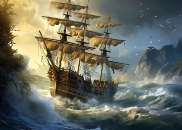 In The Waves Pirate Ship Backdrop Party Background Banner Poster