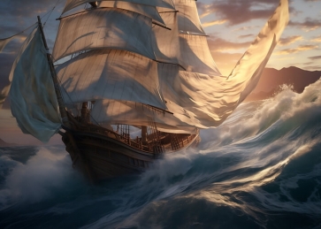 In The Waves White Sailing Pirate Ship Backdrop Party Background Banner Poster