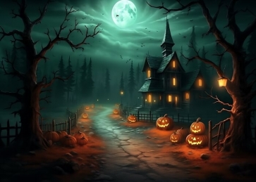 Dirt Road In Moonlight Wooden House Halloween Backdrop