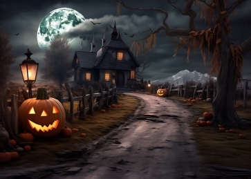 Wooden House Scary Pumpkin Withered Tree Halloween Backdrop Stage Party Photography Background