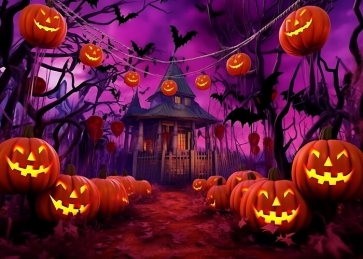 Scary Pumpkin Forest Wooden House Halloween Backdrop Stage Party Photography Background