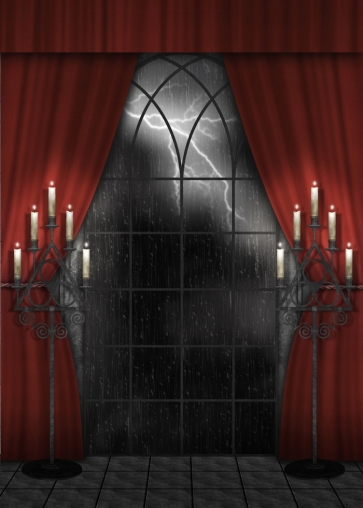 Red Curtain Glass Window Lightning Halloween Party Backdrop Decoration Photography Background